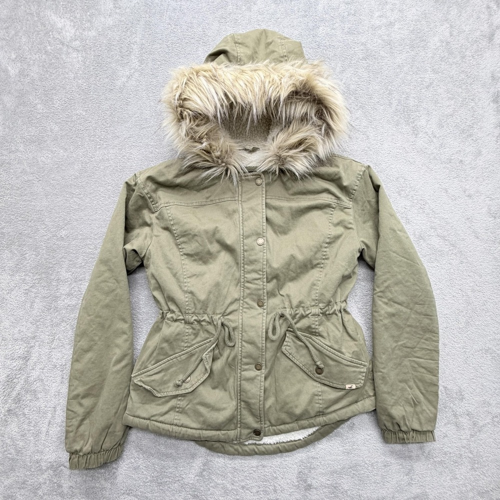 Hollister Jacket Womens S GREEN Hooded Lined Faux Fur Trim Parka Insulated